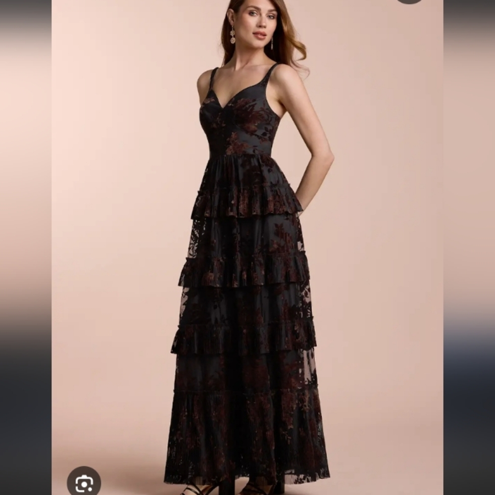 NWT Azazie Cammy Ruffle Layered Floral Maxi Gown Coco Brown Womens Plus Size 24